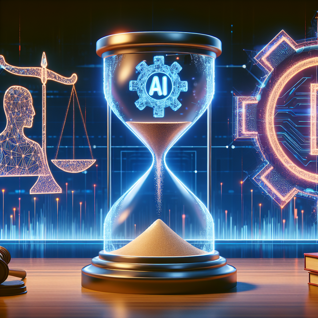 Image of a symbolic representation of urgent reforms in AI technology as recommended by a strategic research institute. The scene includes a sleek, modern interface with bright holographic screens, showcasing advanced artificial intelligence algorithms. In the background, there's a depiction of an ‘urgent need for action’ symbolized through a large hourglass with sand running low. On one side, there is the icon of a judge's hammer symbolizing the law, while on the other side, a stylized, abstract emblem of a think tank.