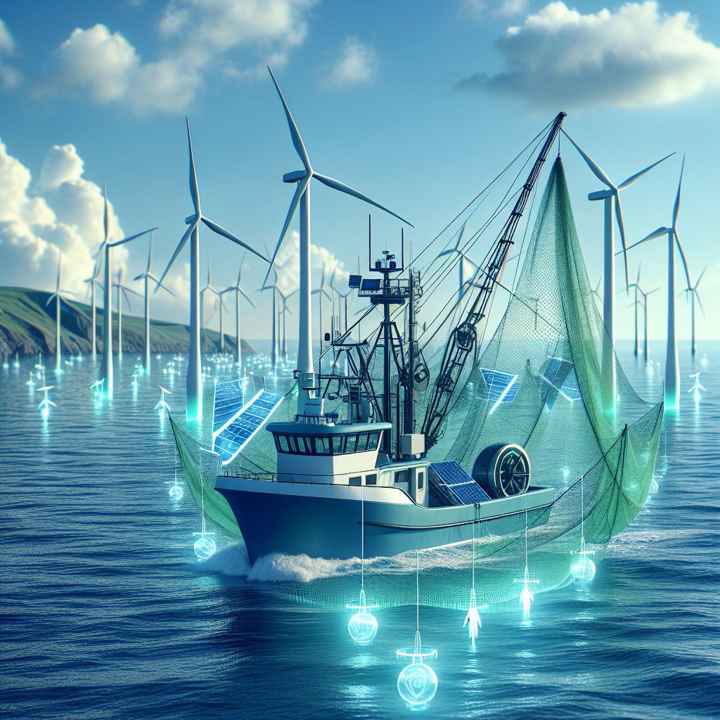An innovative visual representation of environment-friendly fishing technology. Depict an fishing boat equipped with high-tech gear floating on the azure sea with solar-powered gadgetry. The fishing net is designed in a way that minimizes bycatch and preserves marine biodiversity. On the horizon, there are wind turbines spinning, embodying the greener power source. The overall atmosphere exudes eco-friendliness and futuristic advancements in sustainable fishing technology.