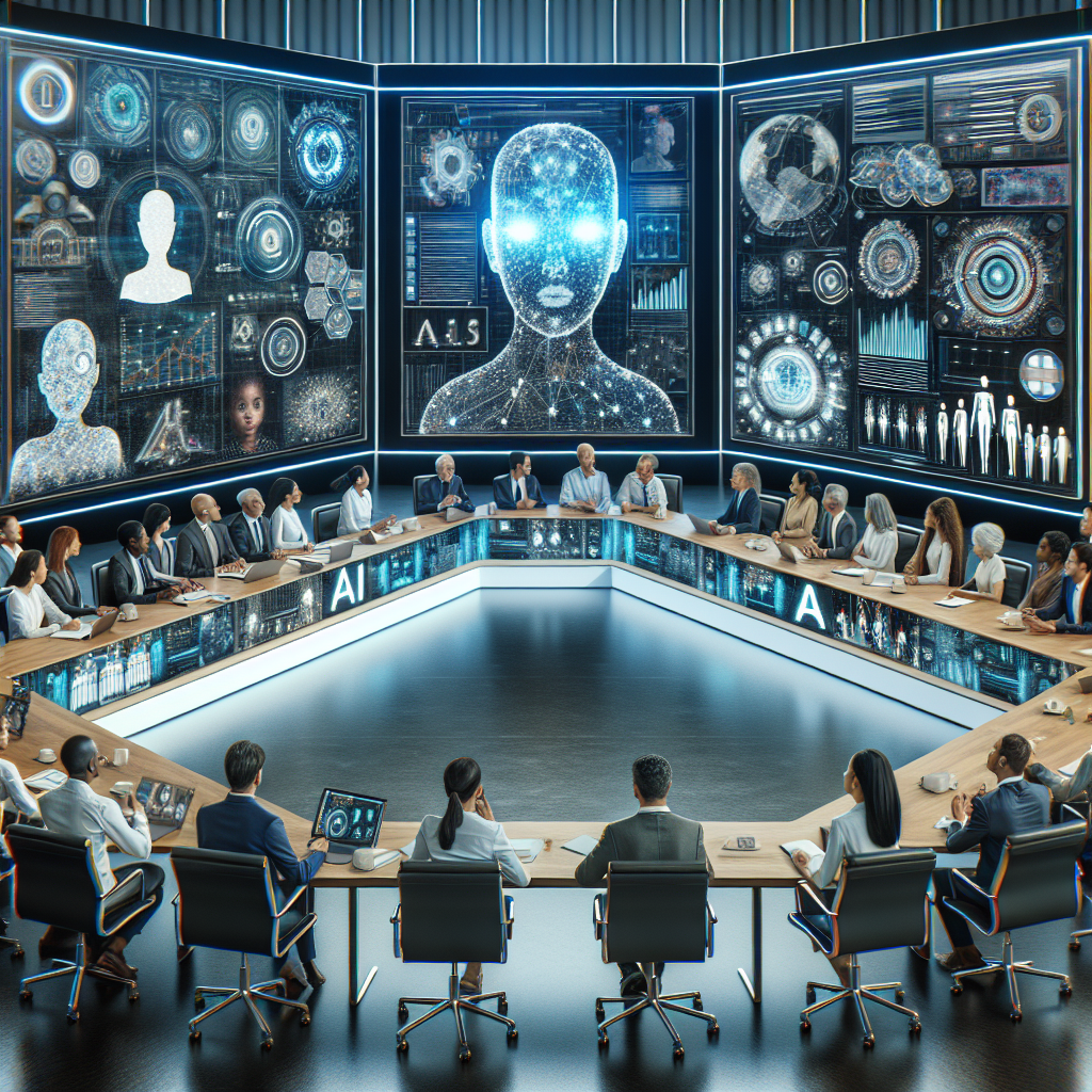An image showcasing a large, important conference, with various individuals having animated discussions in front of large screens displaying futuristic artificial intelligence graphics and infographics. Emphasize a sense of urgency and import in the scene, with participants of varying gender and descent, such as Caucasian, Hispanic, Black, South Asian, and Middle Eastern. Intersperse this with elements of technology, like robots and computers with AI projections, placed strategically, symbolizing potential issues that could arise from unchecked AI development.