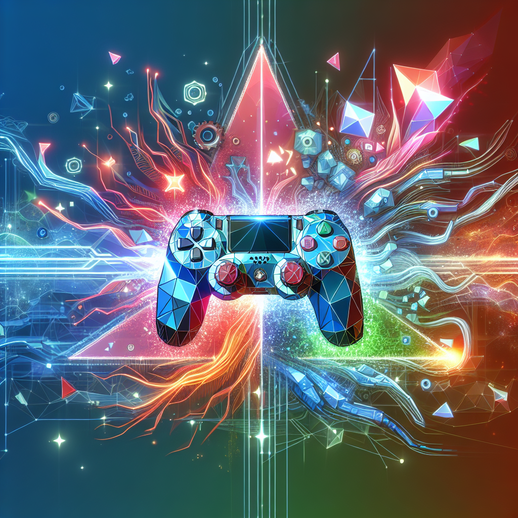 Illustrate a futuristic technology scene inspired by an extremely popular video game in the UK during the year of 2023. Picture a generic console controller in the center, surrounded by radiant, abstract, polygonal artifacts emerging from it, symbolizing game elements. Think of bright energy pulses, high-tech interfaces, and digital fragments signifying its best-selling status. Keep the scene vibrant and impressive to reflect the game's great success. Be careful to avoid any specific logos, characters, or text from the game.