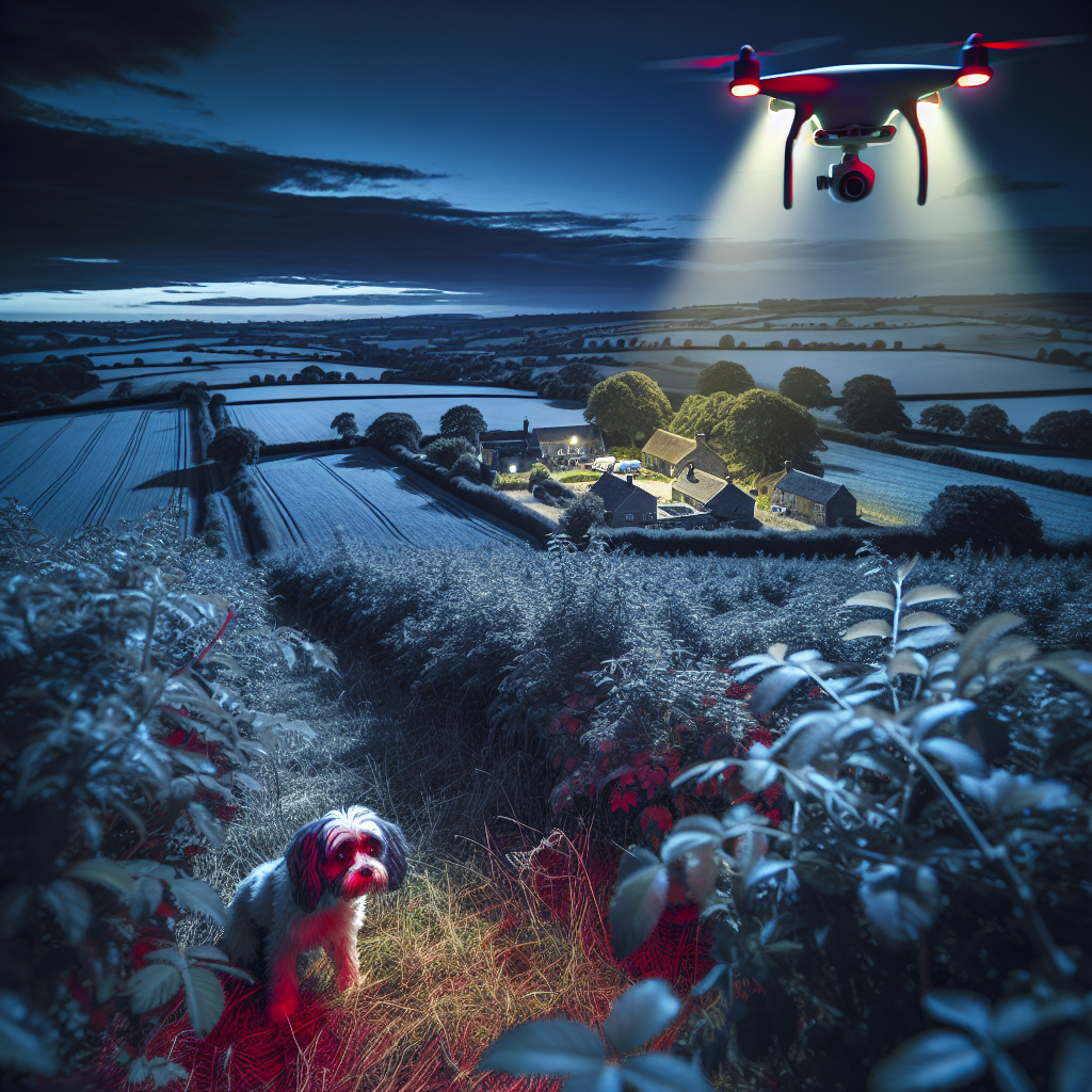 Visualize a night-time scene in Bedfordshire, a pastoral region in England with rolling hills and scattered farmhouses. Focus on a small, lost dog, breed indiscernible, appearing anxious yet unharmed. It's hiding in the bushes, its body giving off heat which is visible as red and yellow color gradients against the dark blue of the surrounding area. Meanwhile, a high-tech drone hovers above, complete with thermal imaging technology casting a spotlight onto the area. The drone operator, a Caucasian man on the verge of relief, is away in a distance, attentively controlling the drone that lead to the dog's discovery.