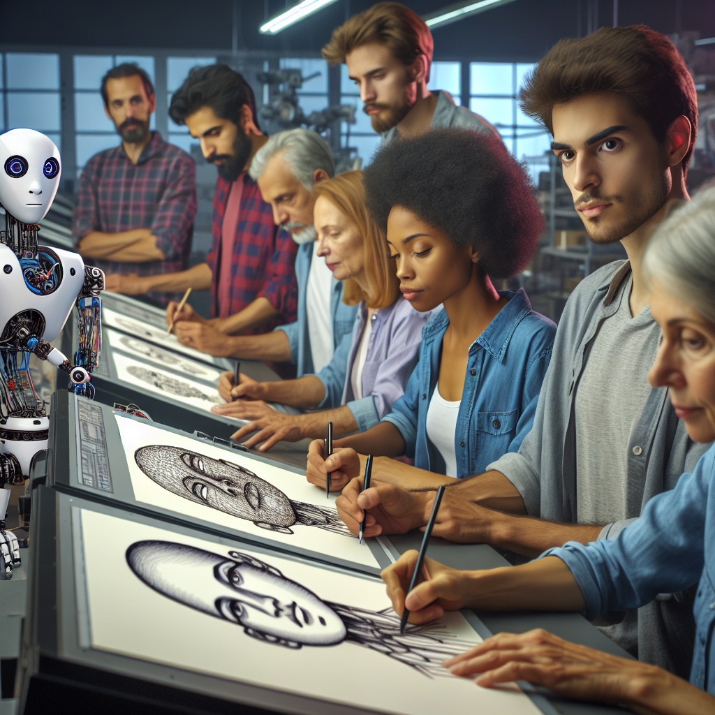 An array of animators in a modern tech-laden workshop, with different descent and gender: two Caucasian men, one Hispanic woman, one Black woman, and one middle-Eastern man. They are all intently focused on hand-drawing intricate animations. In the background, an AI-controlled machine with a monitor displaying a robot hand drafting an animation is observed. Regardless of the AI's effort, the human animators show clear superiority in their work's creativity and complexity, thus indirectly suggested the limited creative bounds of AI.