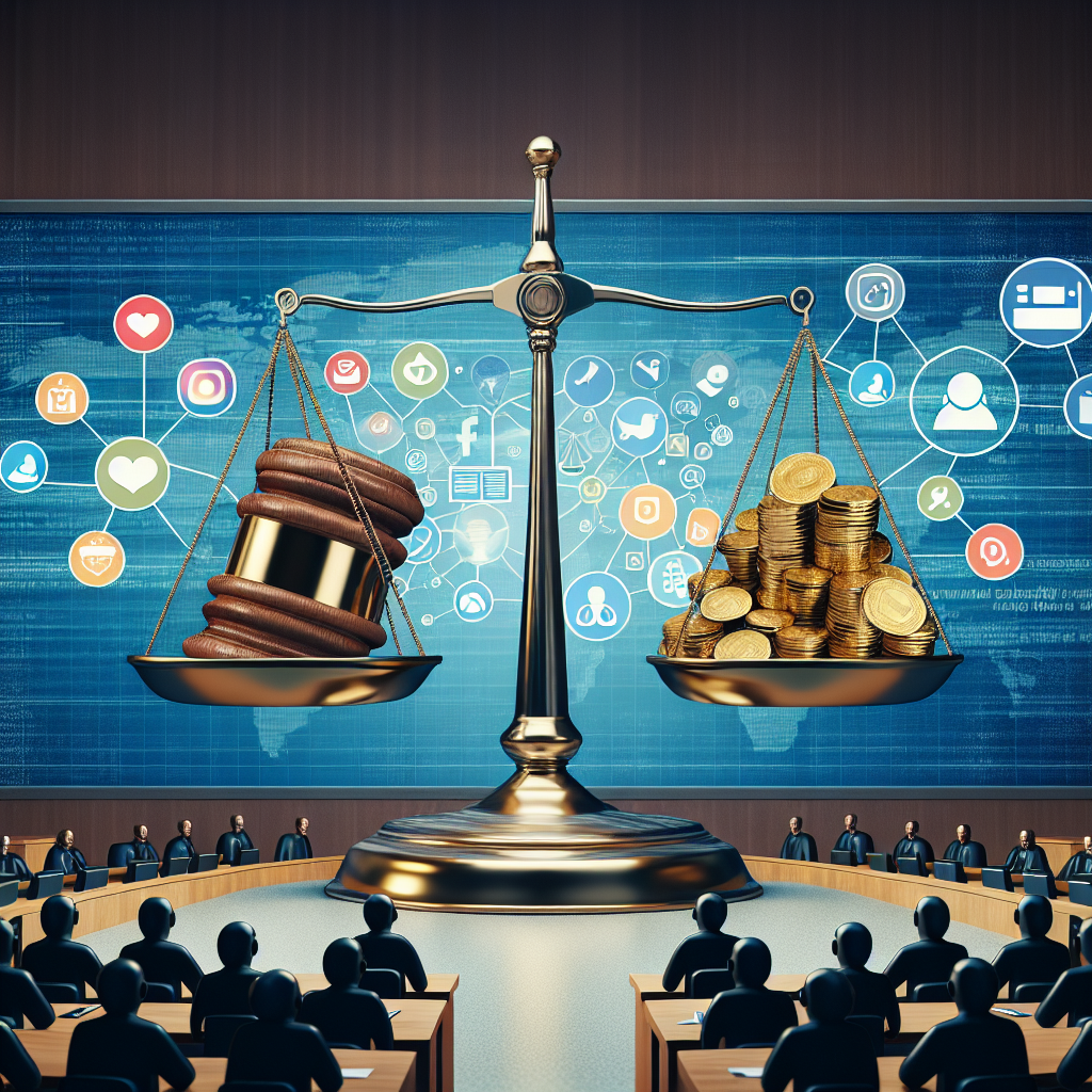 Create an image depicting an abstract concept of a major online marketplace making a hefty payment due to a legal case related to online harassment. Show a scale of balance showing a large heap of gold coins on one side denoting a significant fine, whereas on the other side, show symbolic representations of digital communication like a blog post or social media post. The overall setting of the image should be a digital courtroom with judges depicted on screen, confirming the punishment given to the online marketplace.