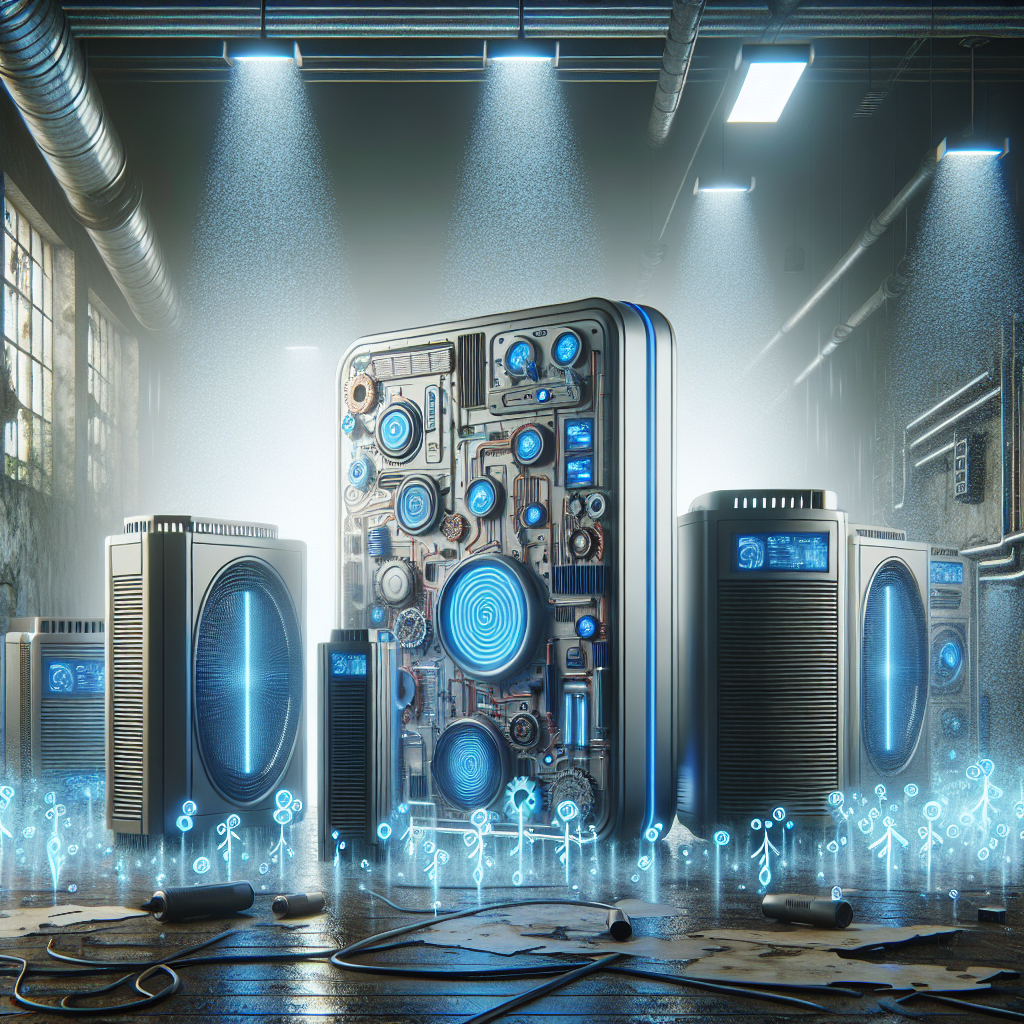 Visualize a set of advanced, high-tech machines designed for the purpose of eliminating moisture and damp conditions. It may include features like digital interfaces, sleek designs, blue LED lights, and metallic surfaces. These machines are scattered around a moisture-riddled environment like an old basement or a damp factory to signal their major role in resolving damp-related issues. Include representations of moisture particles in the air being sucked into the machines, demonstrating their intense functioning and effectiveness.