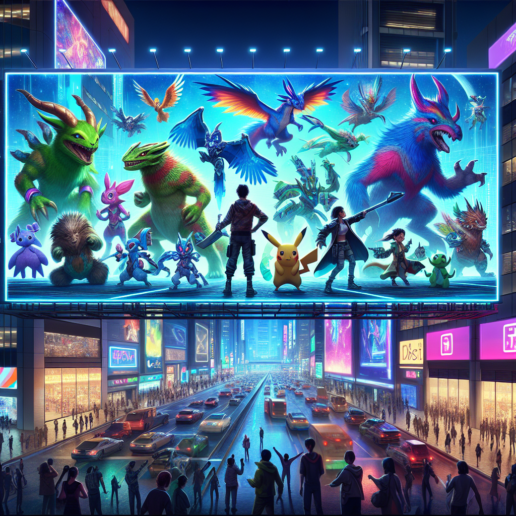 Imagine a bustling technologically advanced cityscape, illuminated by neon signs and holograms. Towards the foreground, an illustrated poster is being displayed on a gigantic digital billboard. The poster features a group of diverse, vibrant, mythical creatures of various sizes and shapes, some fluffy, some scaly, and some feathered - embodying the spirit of fantasy collectible creatures. A handful of characters, a mix of men and women from various descents such as Hispanic, Asian, Caucasian, and Middle Eastern, are present, confidently wielding futuristic blasters. The characters and creatures are in a dynamic action pose, suggesting an intense scene from a popular video game. Below, the city is filled with jubilant people celebrating the success of this game, their faces lit up with excitement and happiness.