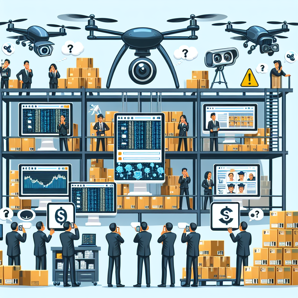 Illustrate an image showcasing an e-commerce warehouse being monitored extensively with high-tech surveillance equipment such as cameras, drones, and computer screens displaying the workers' performance. The workers should have confused and overwhelmed expressions on their faces. However, ensure not to include any company logos or specific companies in the image.