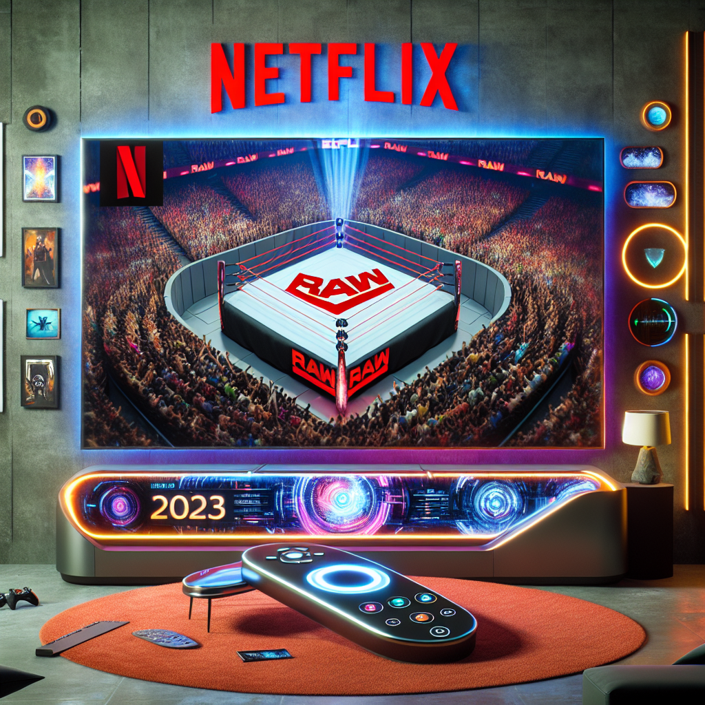 An image of a modern, high tech setup where a vibrant wrestling ring, inspired by WWE Raw, is displayed on a giant futuristic screen. The screen is part of a Netflix-themed multimedia interface which includes its logo subtly in the background. The interface appears to be in a living room setting, symbolizing streaming service from 2025. Additionally, spread around are objects like futuristic remote control and VR glasses that give the impression of an advanced entertainment technology deal.