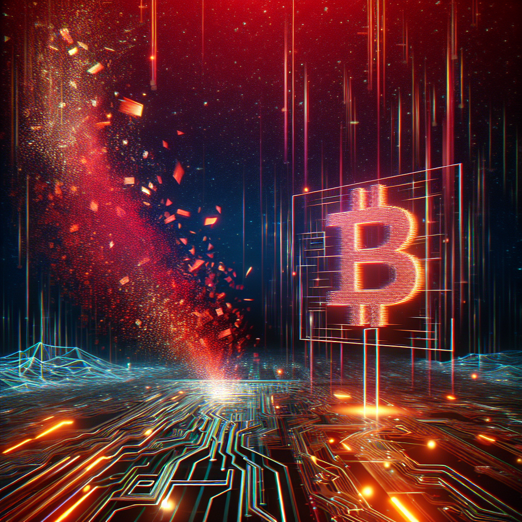 Illustrate a futuristic scene that captures the spirit of a technological mishap. Picture a digital landscape with lines indicating data flow, breaking into glowing red particles, symbolizing a breach in cyber-security. Nearby, visualize a holographic sign depicting a Bitcoin symbol, tilted and starting to vanish, representing the rogue Bitcoin post. The overall environment should induce feelings of tension, uncertainty, technology, and cybersecurity.