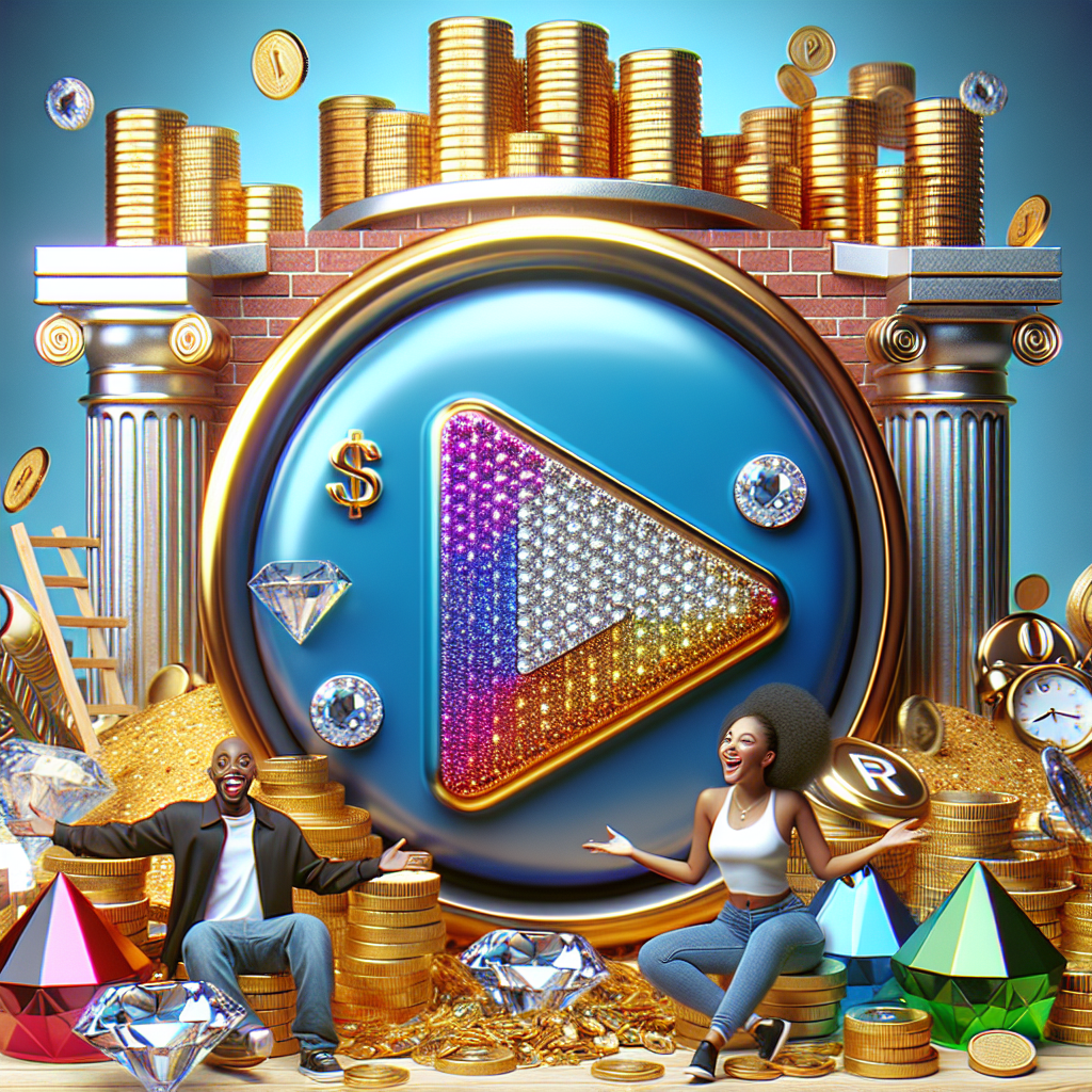 An image illustrating a modern streaming platform's headquarters, with symbols of prosperity like piles of coins, gold bars, and diamond, to represent a new beneficial contract for its users. A large, colourful play button encrusted with gems illustrates the play and streaming feature, while satisfied digital content creators, a Hispanic male and a Black female, enthusiastically live stream their content. The whole scenario exudes a sense of confidence and excitement about the potential financial benefits.