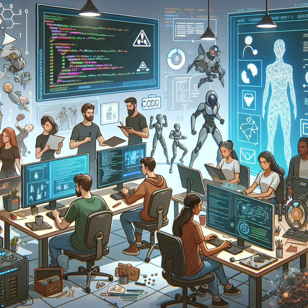 Depict an image of a technology scene where we see game developers in a room filled with various elements such as computer monitors showing code, 3D character models, and concept art. The personnel includes a diverse crew of coders and designers: a Middle-Eastern woman focused on coding, a Caucasian man sketching new character designs, an Asian woman analyzing 3D models, and a Black man overseeing the team's progress. On a main screen, there's an abstract symbol alerting about a potential issue, creating a sense of urgency.