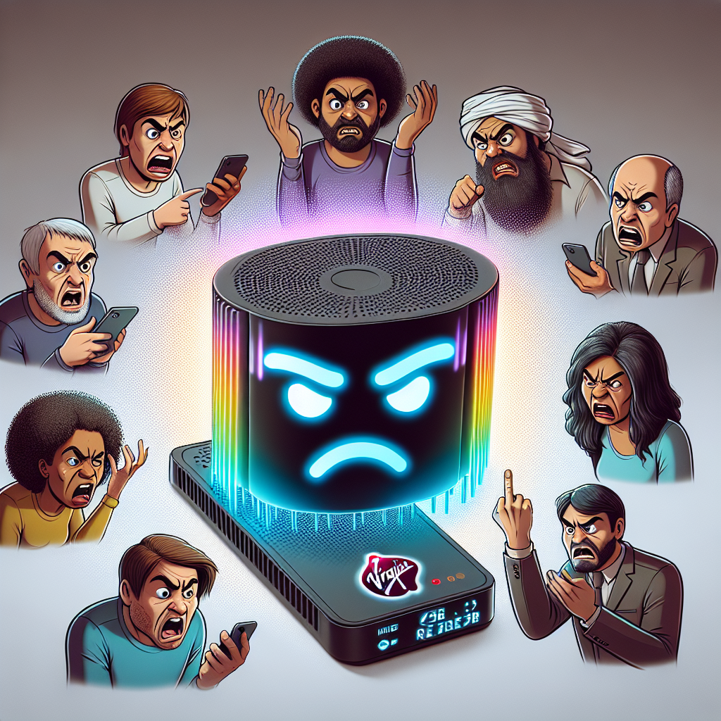 Create an image of a broadband modem made to represent Virgin Media with facial expressions suggesting discontentment. The modem is glowing with colors associated with this company. Include a group of 2D characters around it showing annoyance. The characters include a Caucasian man with brown hair, a Black woman with curly hair, a Middle-Eastern man with a beard, and a Hispanic woman with straight hair. All of them are angrily motioning to the modem or aggressively tapping at their digital devices. The background should be neutral.