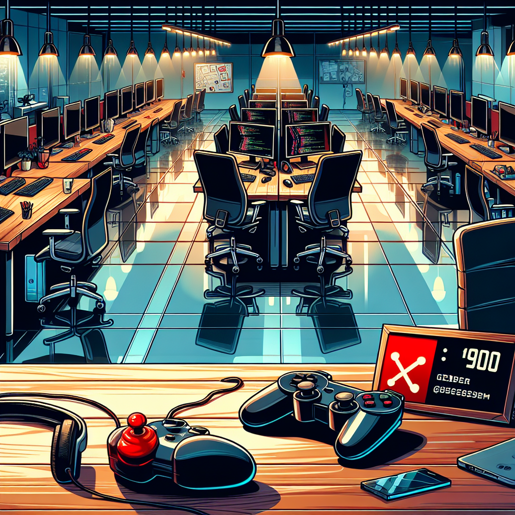 An illustration set in a sleek and large office space, empty desks and chairs scattered around, with dimmed overhanging lights reflecting off polished wooden flooring. Noticeable are symbolic items like video game controller-shaped paperweights, monitors displaying coding scripts, and headphones. An image of a red flag with a crossed joystick is prominently displayed, alongside a notice board showing the number '1900'. All signs imply the melancholy mood of a recent layoff at a large technology company's video games section.