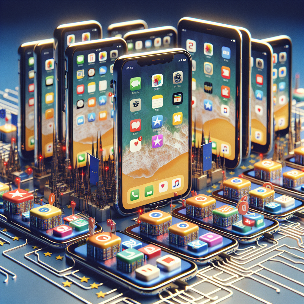 Visualize a tech-savvy scene featuring an array of iPhones and iPads. They have various app icons on their screens that don't typically belong to Apple's native app store, implying the presence of competitor's app stores. Also, incorporate a European flag or recognizable European landmarks subtly in the background to denote the EU context. Avoid any textual description or hints of the actual headline.