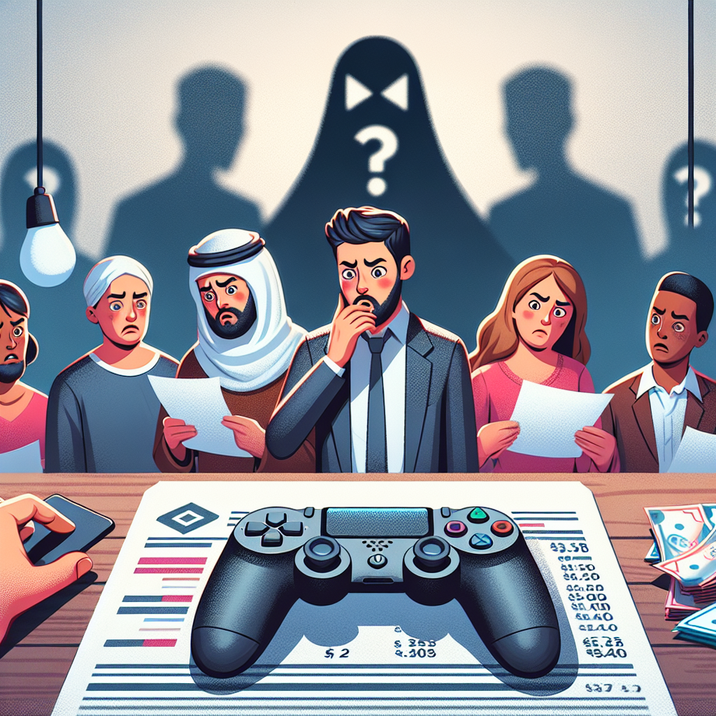 An image symbolizing a mischarge. There are customers looking confused as they go through their bills, noticing unexpected charges. Behind them is a blurred illustration of a telecom company logo. Within the scene, a game console controller lies on the table casting a long shadow, symbolizing a hidden charge. The customers are varied in descent and gender, including Middle-Eastern female, Caucasian male, and Black male customers.