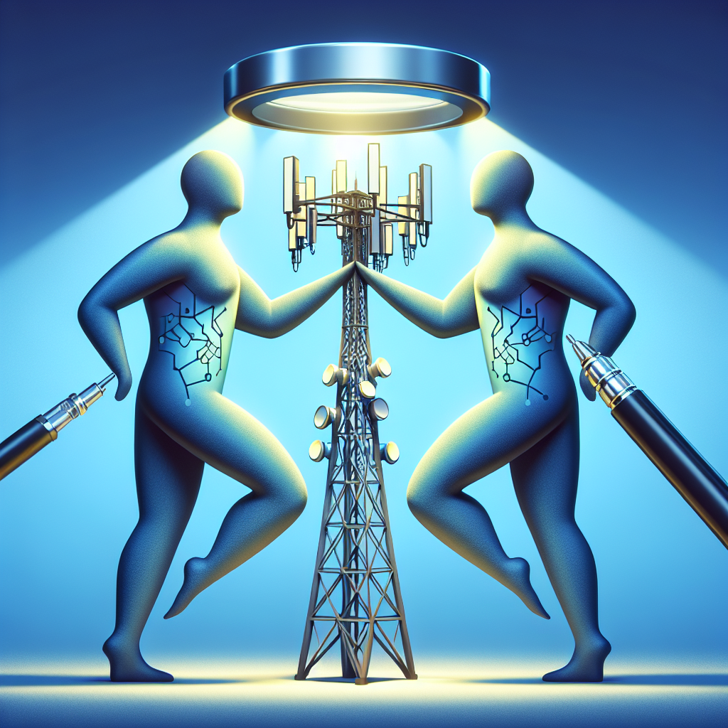 Create a symbolic image depicting two large, anthropomorphic cell tower structures, representing mobile network companies, portrayed in a friendly merge dance. To signify competition probe, introduce a magnifying glass hovering over them, held by an invisible figure, such as an invisible administrative figure, signifying government oversight. To ensure inclusivity, make one of the towers appear slightly feminine (maybe by adding soft, curved designs) and of Hispanic descent, and the other one masculine (maybe with rigid, straight lines) and of Middle-Eastern descent. Both towers should have the futuristic, radiant glow of advanced technology.