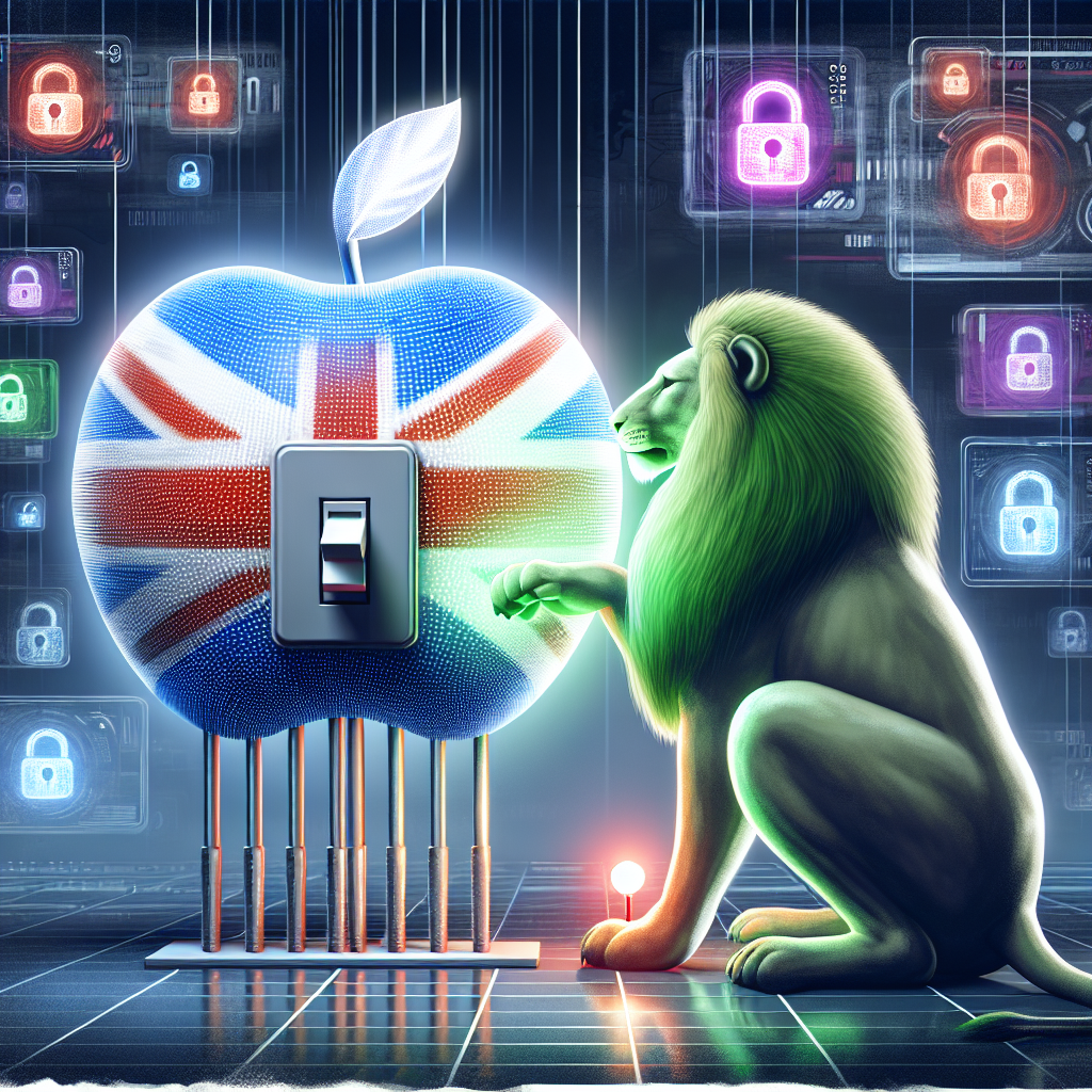 An abstract concept of a large technology company embodied as a giant apple communicating with a symbolic entity representing UK, portrayed as a brave lion. The lion is quietly handling a switch that controls various digital privacy tools symbolized as shiny, holographic globes. Around them is a futuristic setting with screens displaying various data encryption methods, while the lion and the apple being the predominant figures.