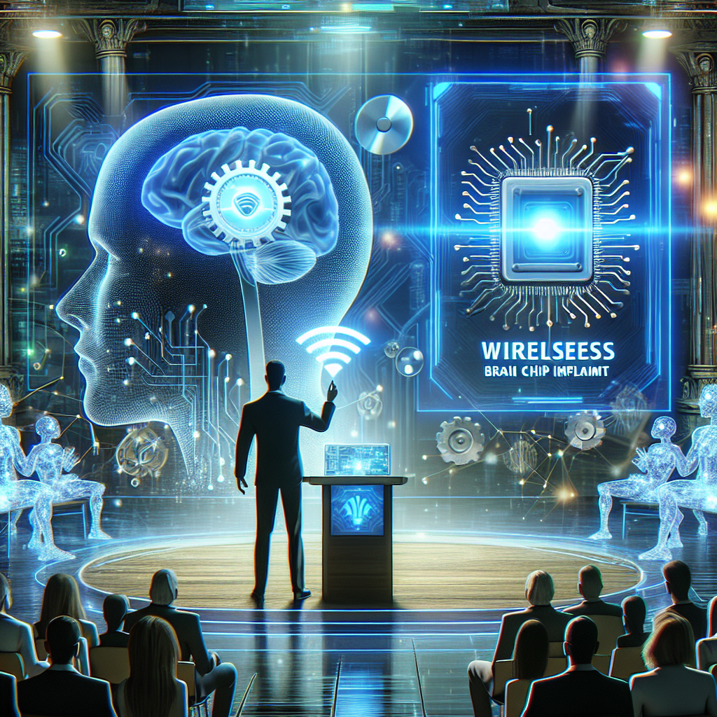 Illustrate an image of a tech-oriented scenario that features a wireless brain chip implant. The scene includes a fictional business figure revealing a new technology to an amazed audience. The environment is futuristic, filled with high tech gadgets and holographic screens, creating an atmosphere full of anticipation and excitement.
