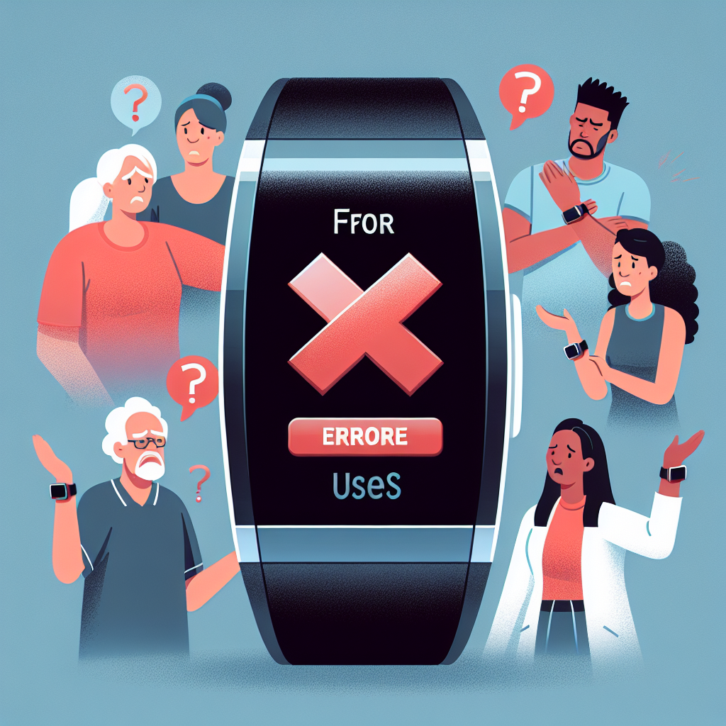 Create an image of a modern, wearable fitness tracker, preferably in the style of a wristwatch, displaying an error message on its screen. The error message could signify an unsuccessful update. Around it, users are expressing frustration and disappointment. Ensure an array of diverse users are included, for example, an older Caucasian woman, a young Hispanic man, a Middle-Eastern teenager, a South Asian athletic person, and a black professional. They could be shown attempting to use the device, but are not able to due to the unsuccessful update.
