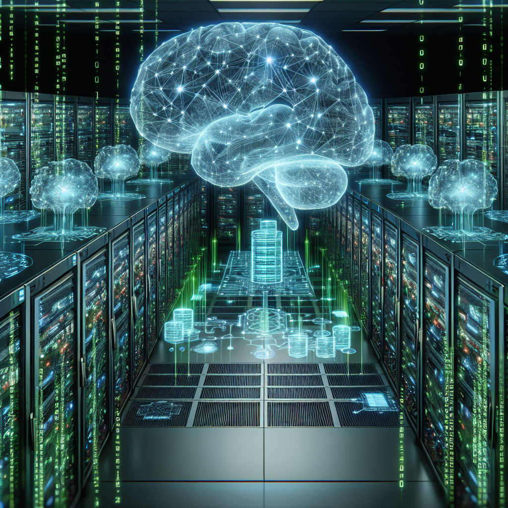 An image representing the depiction of a large-scale artificial intelligence deployment. Visualize servers in a large data center with holographic representations of neural networks and algorithms floating above them. Include Matrix-like green code rain flowing down digital screens. The AI should be symbolic, represented by glowing 'brain-like' structures interlinked with various nodes. To signify the abundance of deployment, show multiple such structures distributed throughout the whole scene, linking to every other devices in the data center.