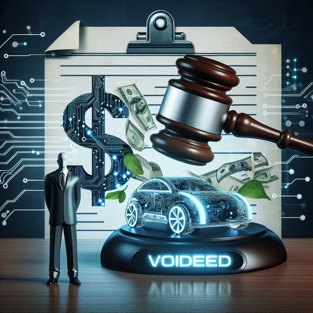 A detailed image of a gavel coming down on a stylized contract with a large dollar sign and an electric car icon on it. Circuit patterns and futuristic elements that represent technology are incorporated in the background. The mallet and a lighted electronic scoreboard flashing 'VOIDED' gives a courtroom feeling. A neutral human figure with a business suit on represents a generic entrepreneur nearby, looking perplexed.