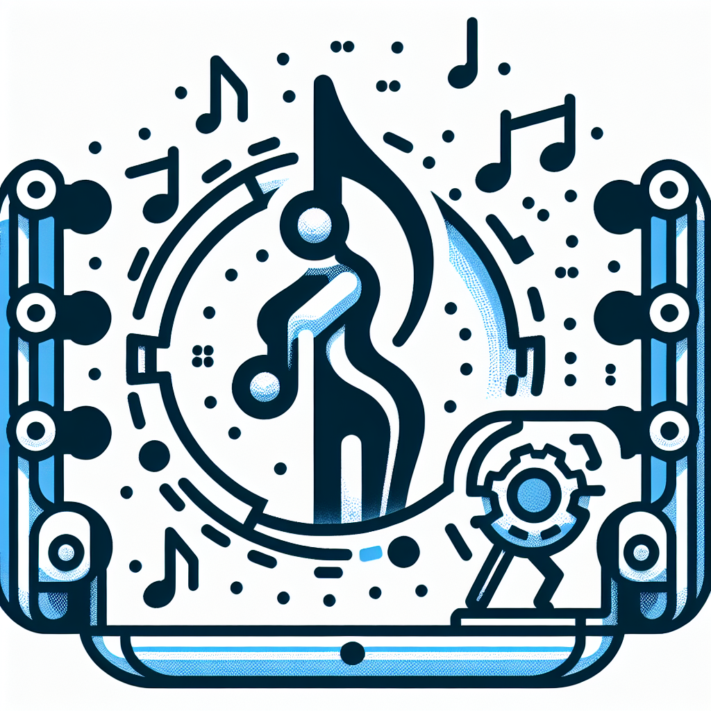 Illustration of an abstract technologically advanced machine, resembling the concept of a music platform, removing a distinct music note, symbolizing a popular female song artist, from an application represented by a dancing digital icon. The music note should convey modern pop vibes and the app icon should give an impression of a short-form video-sharing idea.