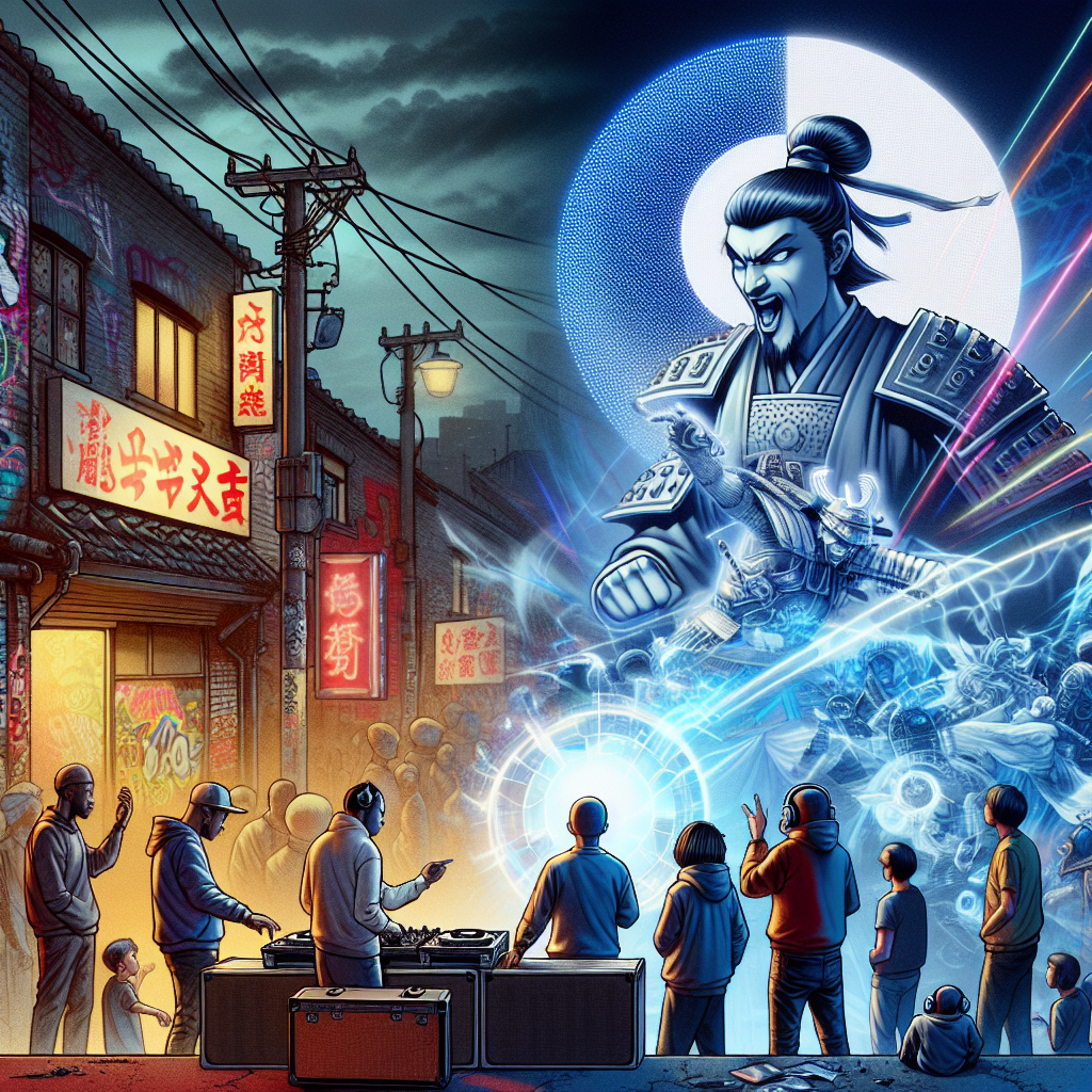 An expressive image depicting UK grime culture and Japanese video game elements intertwined. On one side, we see a graffiti-filled urban landscape representative of the UK grime scene, with a DJ spinning records under dimly lit street lights. On the other side, illustrate a large, holographic projection of a classical Japanese warrior, emanating from a futuristic gaming console, engaged in a vibrant combat scene. People of different races and genders observe with excitement, denoting the universality and diversity of the video game and music culture.