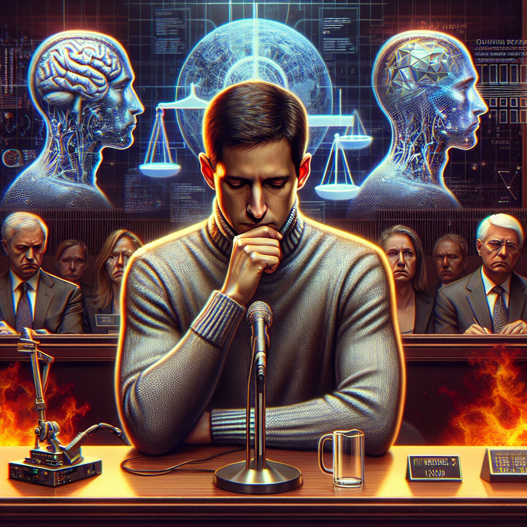 A notion-inspired image showing a thoughtful Silicon Valley chief executive, clad in a signature grey turtleneck, displaying remorse while virtually addressing a serious governmental committee. The background decor hints at a futuristic technological setting, with holographic interfaces, quantum computing modules and neural network blueprints. The atmosphere is tense and fiery, symbolised by an illustrative representation of a balance scale tipping towards public sentiment.