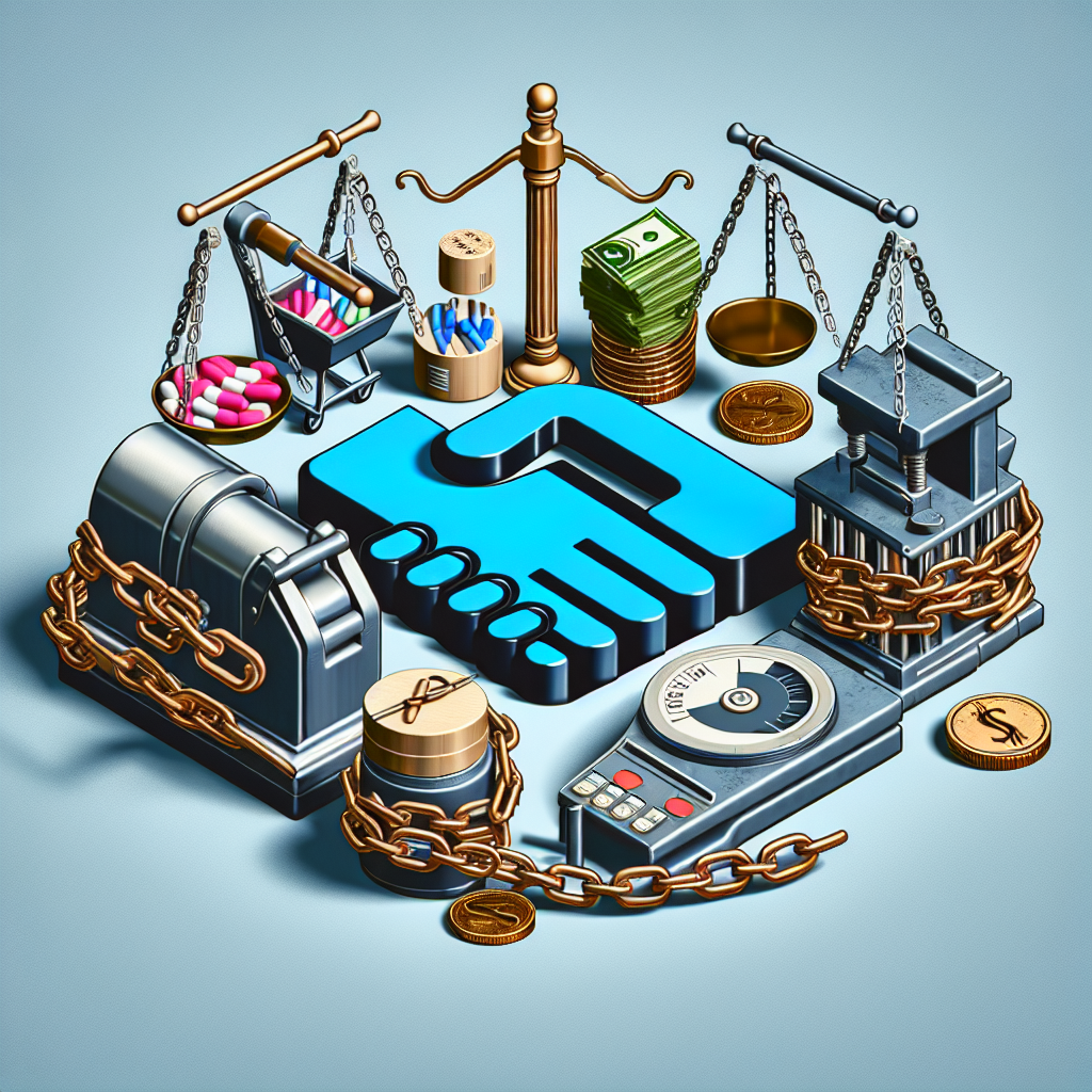 A visual interpretation of an ecommerce platform signified by symbolic imagery such as a shopping cart icon, handshake denoting a deal, and legal scales to represent a settlement. Next to these, portray an assortment of tools used for crafting pills, like pill press machines and pharmaceutical-grade scales, all wrapped up in chains indicating a restriction or ban. Money, represented as coins or banknotes, complete the scene by indicating the amount settled. Avoid including any text within this imaginary scene.