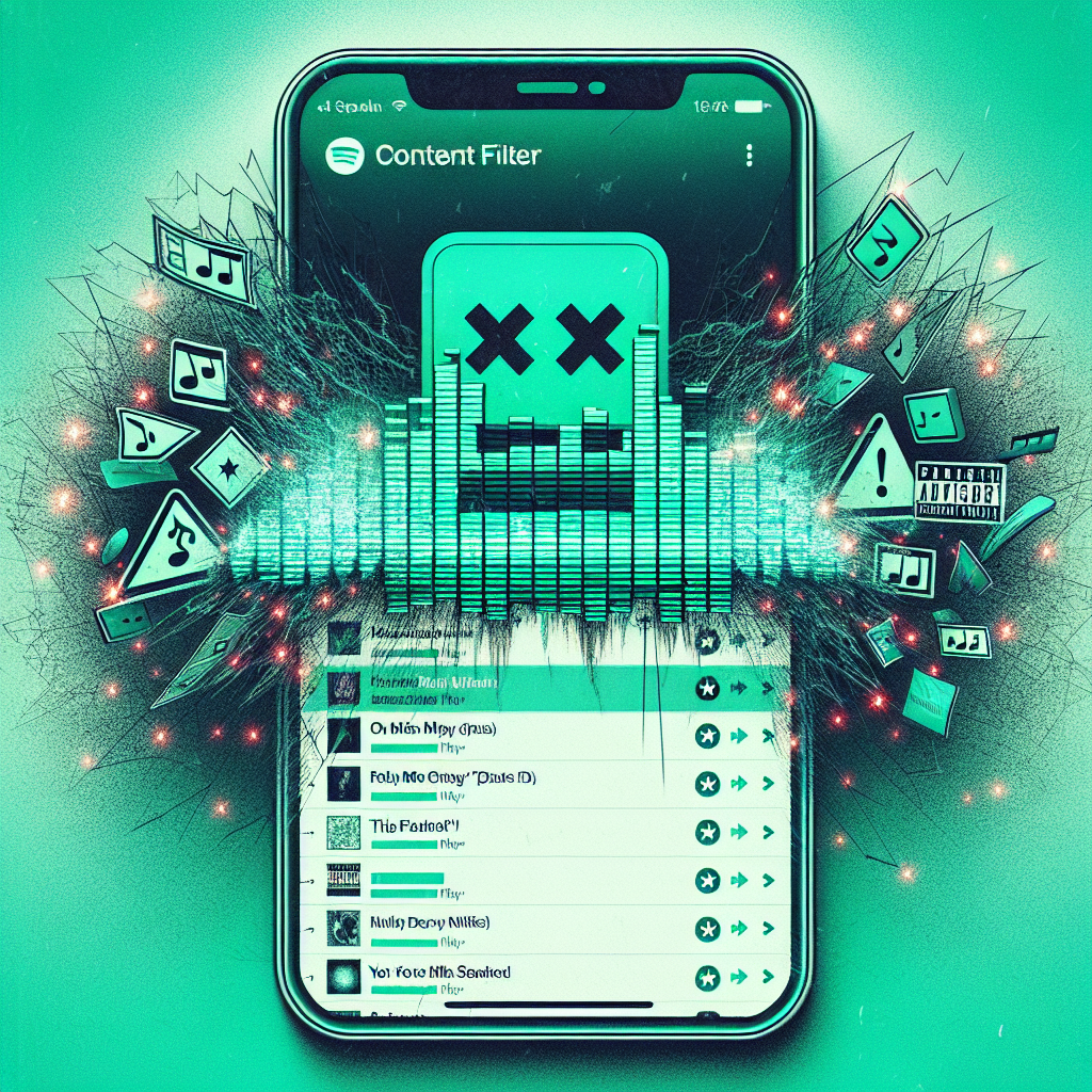 An extremely detailed image of a digital music streaming platform characterized by a well-known mint green color. Displayed on the screen is a playlist containing various popular song titles, with an overlay detailing the explicit content. This playlist is partially covered by a 'content filter' icon that is visibly malfunctioning, represented by jagged lines and sparks around it signifying failure. There is a sense of dismay as several song titles have asterisks indicating explicit lyrics sneaking past the filter.