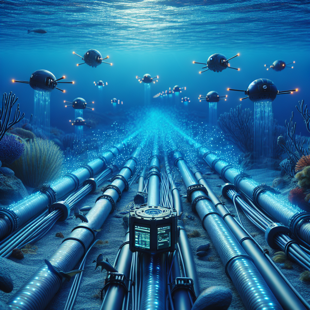 Picture a hyper-realistic underwater scene of the ocean bed housing subsea fiber optic cables. The cables appear lively with pulsating lights along their length indicating data transmission. There are advanced technologies like autonomous drones maintaining a protective vigil. Sensors are attached to these objects, their waves keenly inspecting the surroundings, ready to alert any mishandling. A group of marine animals add to the natural beauty of the scene, innocently interacting with the technology in the environment.
