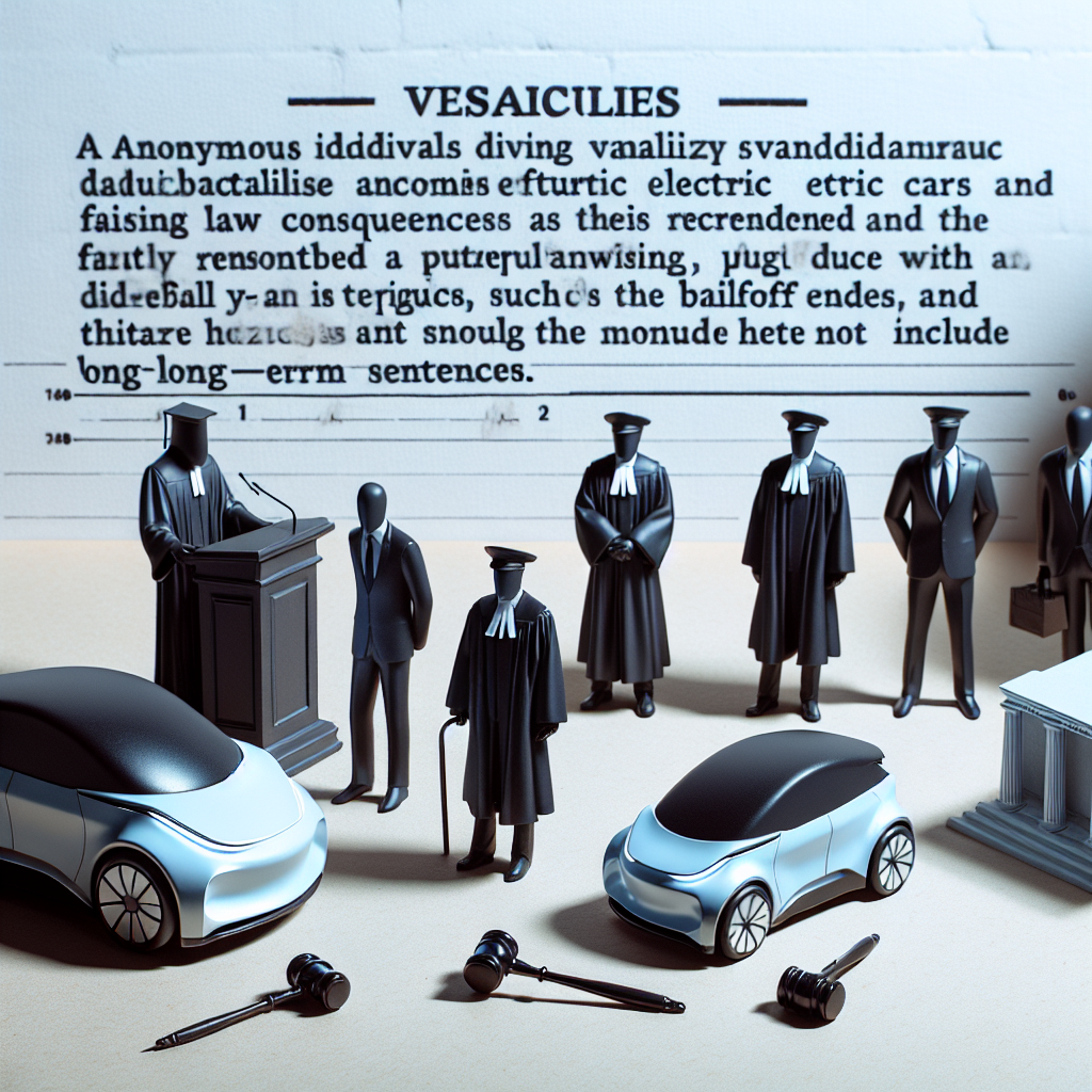 Visualize a scene encapsulating the idea of anonymous individuals vandalizing futuristic electric cars and facing stern lawful consequences as represented by legal figures, such as a judge with a gavel or a bailiff in uniform. The figures should signify a potential long-term sentence. Make sure not to include any written text from the headline in the imagery.